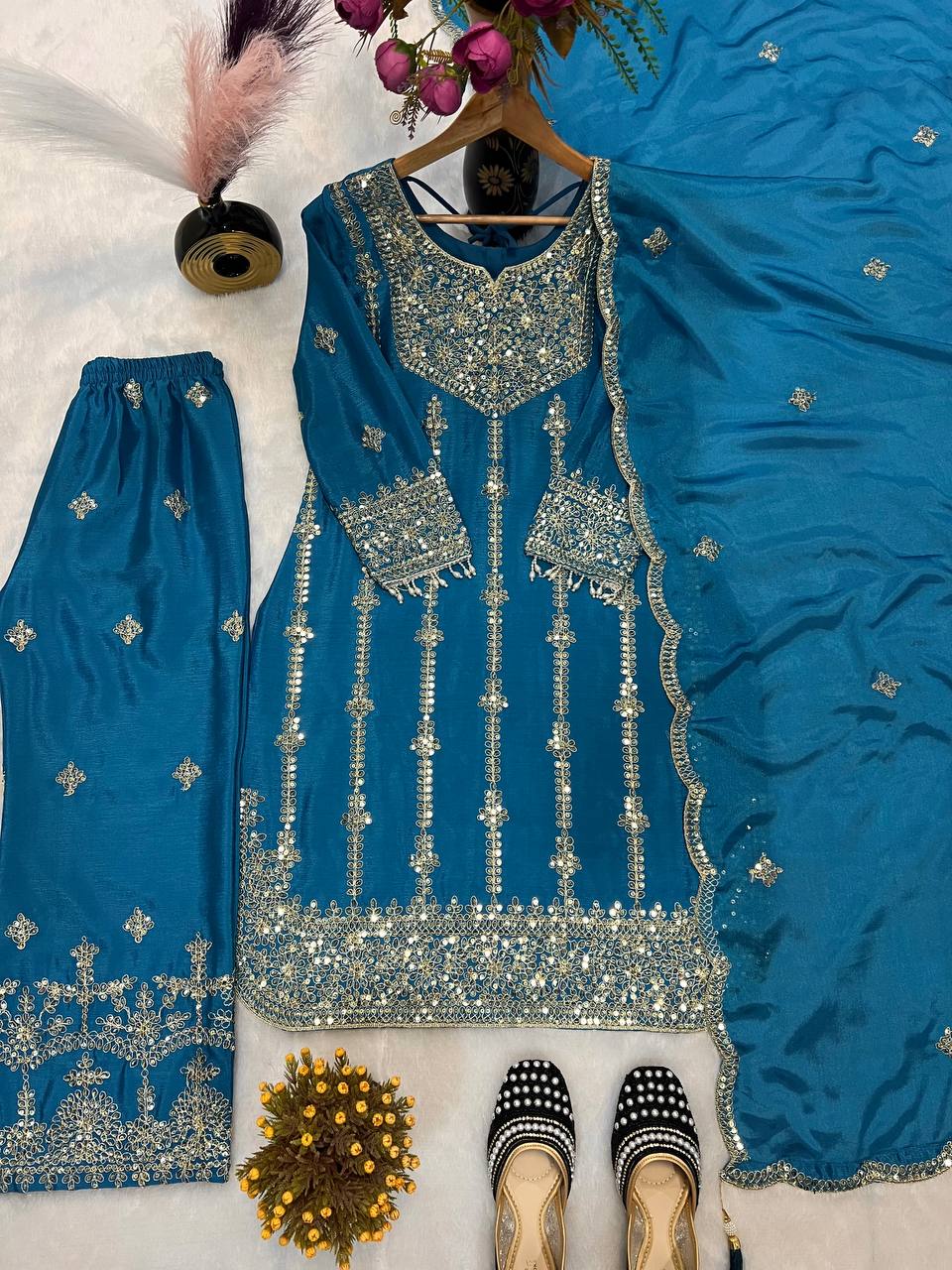 Royal Cerulean Silver-Embroidered Sharara Set